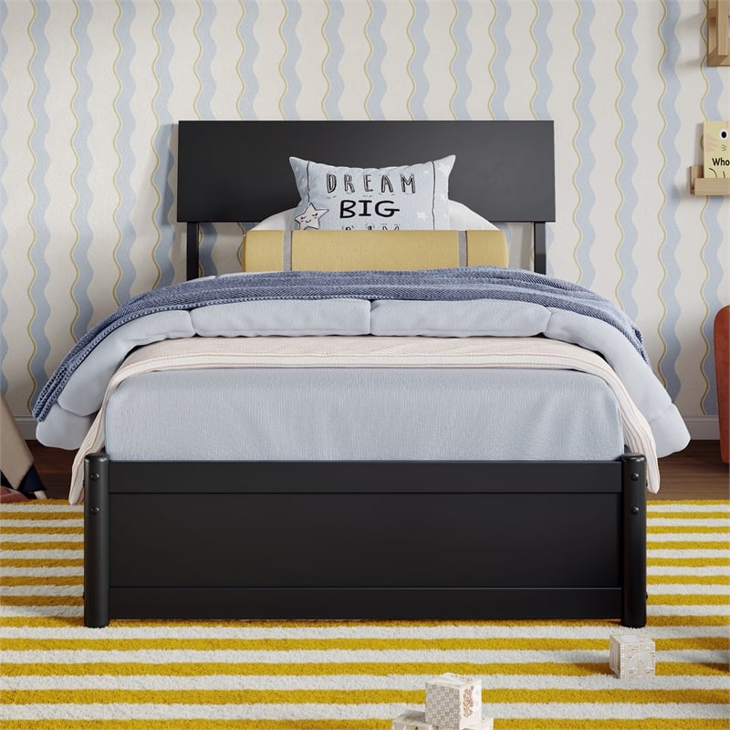 Norla Twin Wood Platform Bed with Footboard and Twin Trundle in Black
