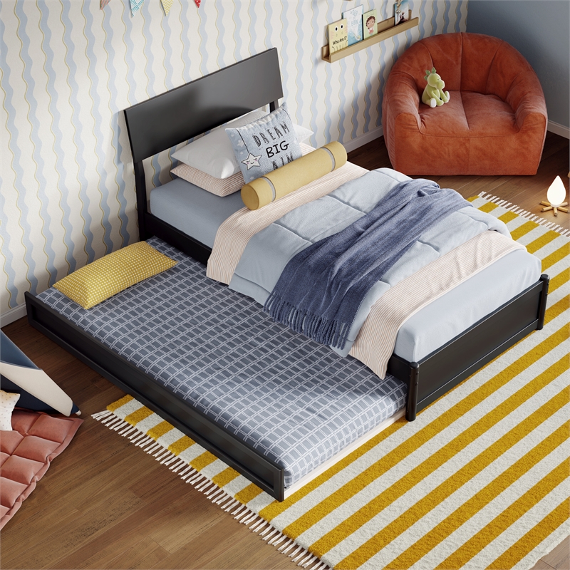 Norla Twin Wood Platform Bed with Footboard and Twin Trundle in Black