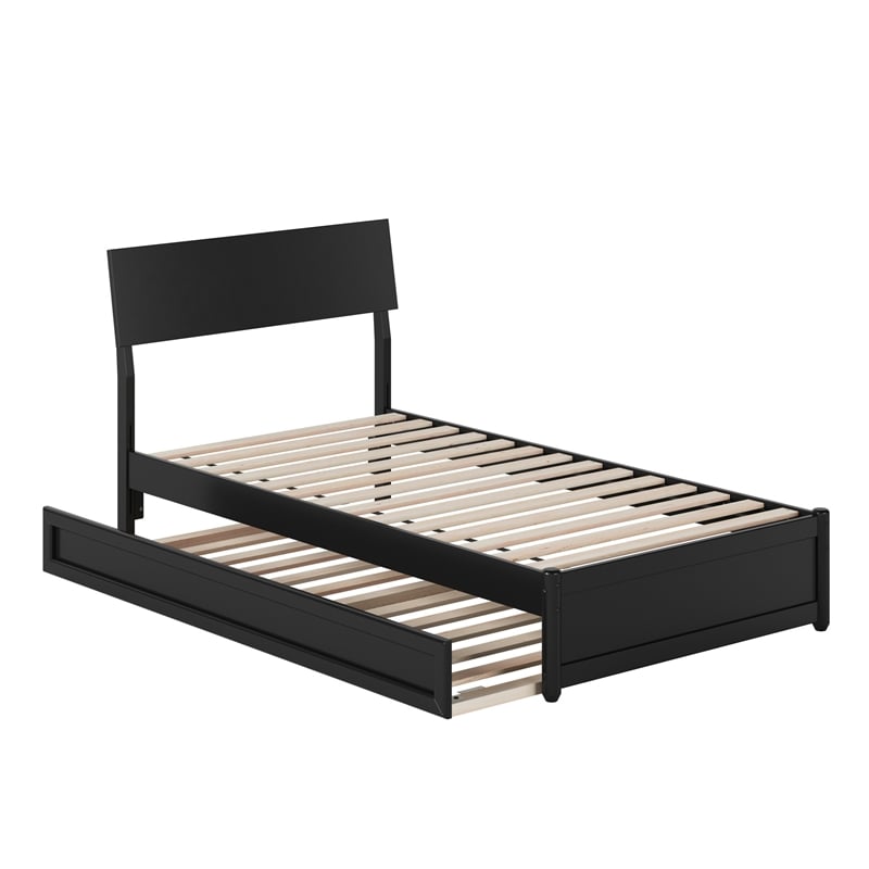 Norla Twin Wood Platform Bed with Footboard and Twin Trundle in Black