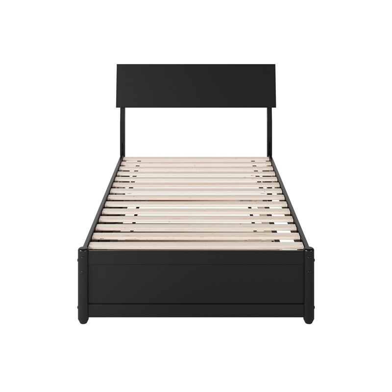 Norla Twin Wood Platform Bed with Footboard and Twin Trundle in Black