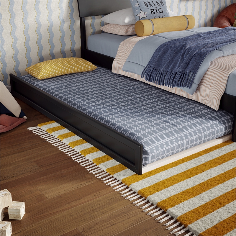 Norla Twin Wood Platform Bed with Footboard and Twin Trundle in Black