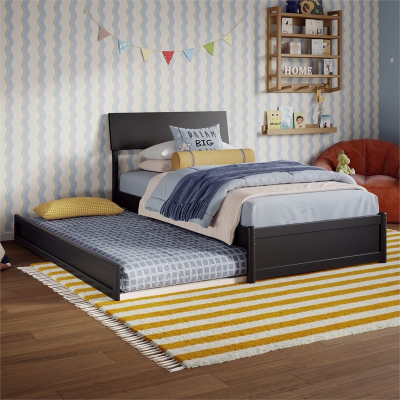 Norla Twin Wood Platform Bed with Footboard and Twin Trundle in Black