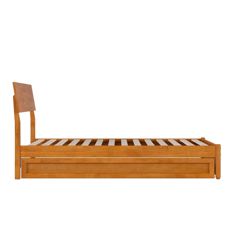 Norla Twin Wood Platform Bed with Footboard and Twin Trundle in Light Toffee