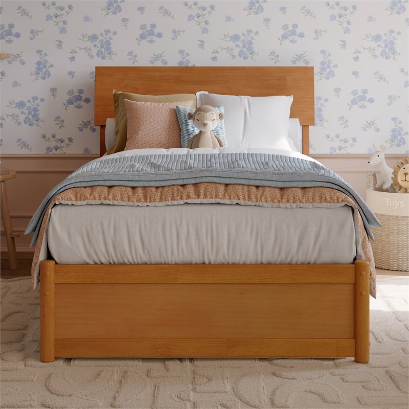 Norla Twin Wood Platform Bed with Footboard and Twin Trundle in Light Toffee