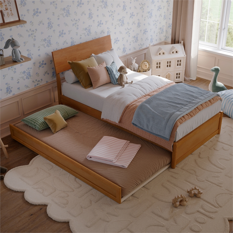 Norla Twin Wood Platform Bed with Footboard and Twin Trundle in Light Toffee