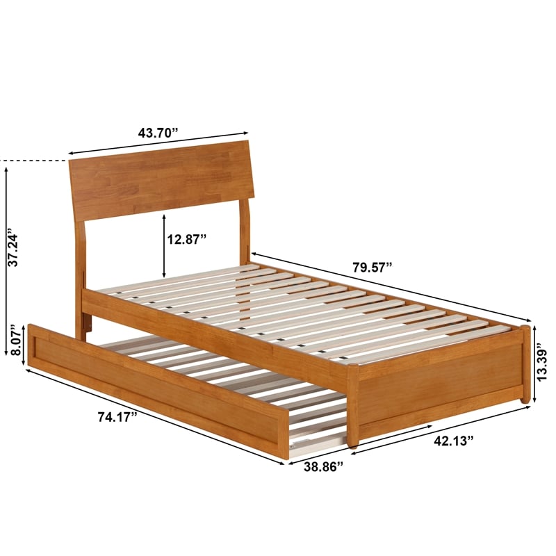 Norla Twin Wood Platform Bed with Footboard and Twin Trundle in Light Toffee