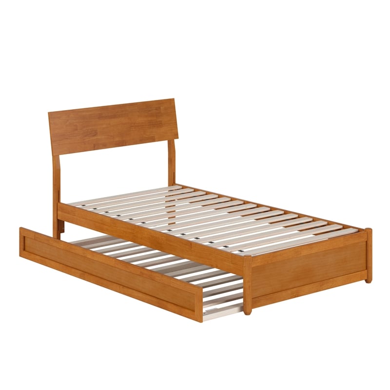 Norla Twin Wood Platform Bed with Footboard and Twin Trundle in Light Toffee
