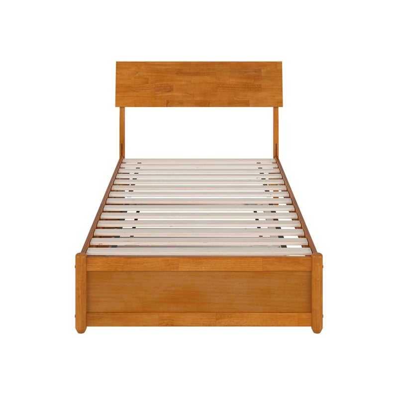 Norla Twin Wood Platform Bed with Footboard and Twin Trundle in Light Toffee