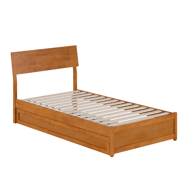 Norla Twin Wood Platform Bed with Footboard and Twin Trundle in Light Toffee