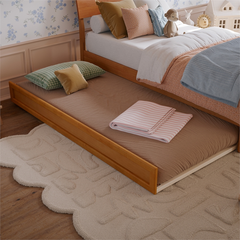 Norla Twin Wood Platform Bed with Footboard and Twin Trundle in Light Toffee