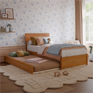 Norla Twin Wood Platform Bed with Footboard and Twin Trundle in Light Toffee