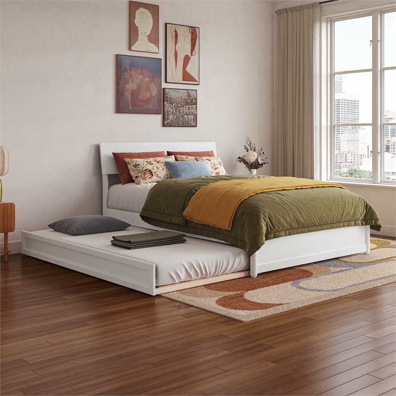 Norla Full Wood Platform Bed with Footboard and Twin Trundle in White