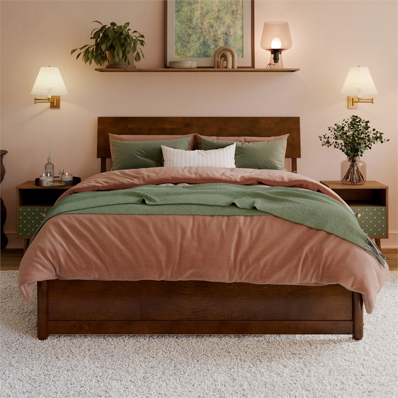 Norla Full Wood Platform Bed with Footboard and Twin Trundle in Walnut