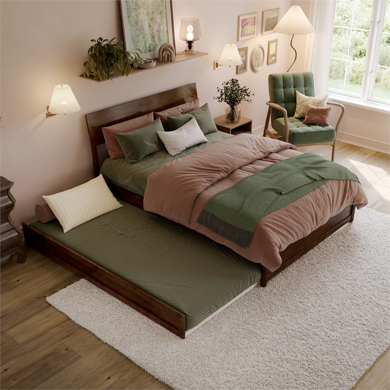 Norla Full Wood Platform Bed with Footboard and Twin Trundle in Walnut