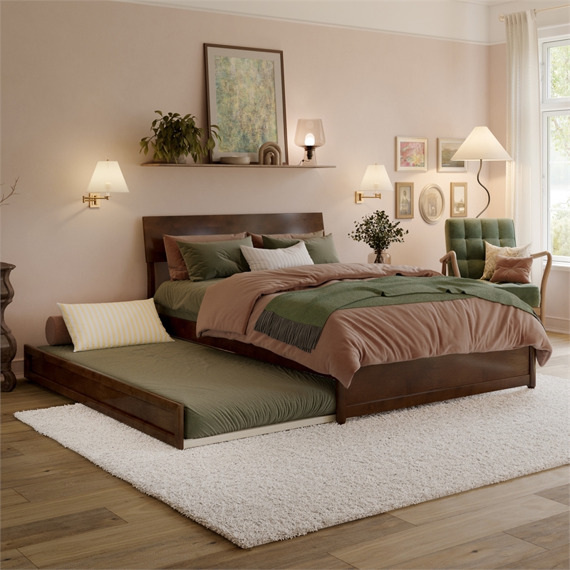 Norla Full Wood Platform Bed with Footboard and Twin Trundle in Walnut