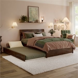 Norla Full Wood Platform Bed with Footboard and Twin Trundle in Walnut