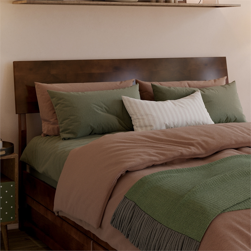 Norla Full Wood Platform Bed with Footboard and Twin Trundle in Walnut