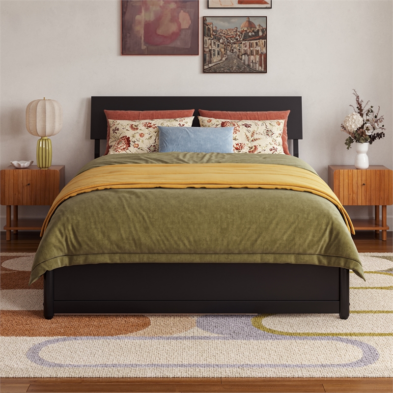 Norla Full Wood Platform Bed with Footboard and Twin Trundle in Black