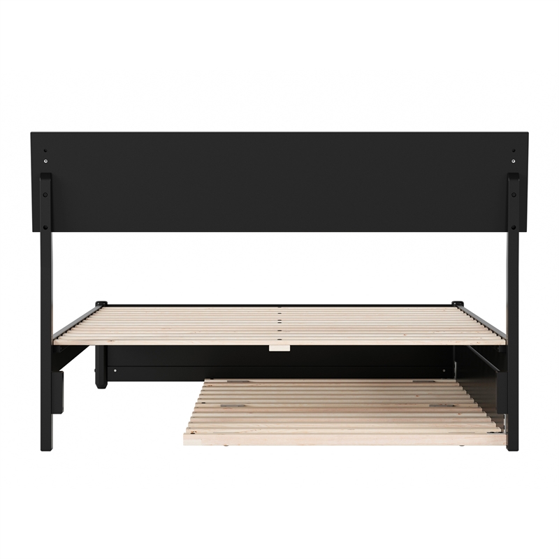 Norla Full Wood Platform Bed with Footboard and Twin Trundle in Black