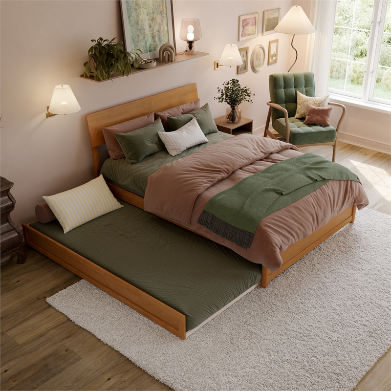 Norla Full Wood Platform Bed with Footboard and Twin Trundle in Light Toffee