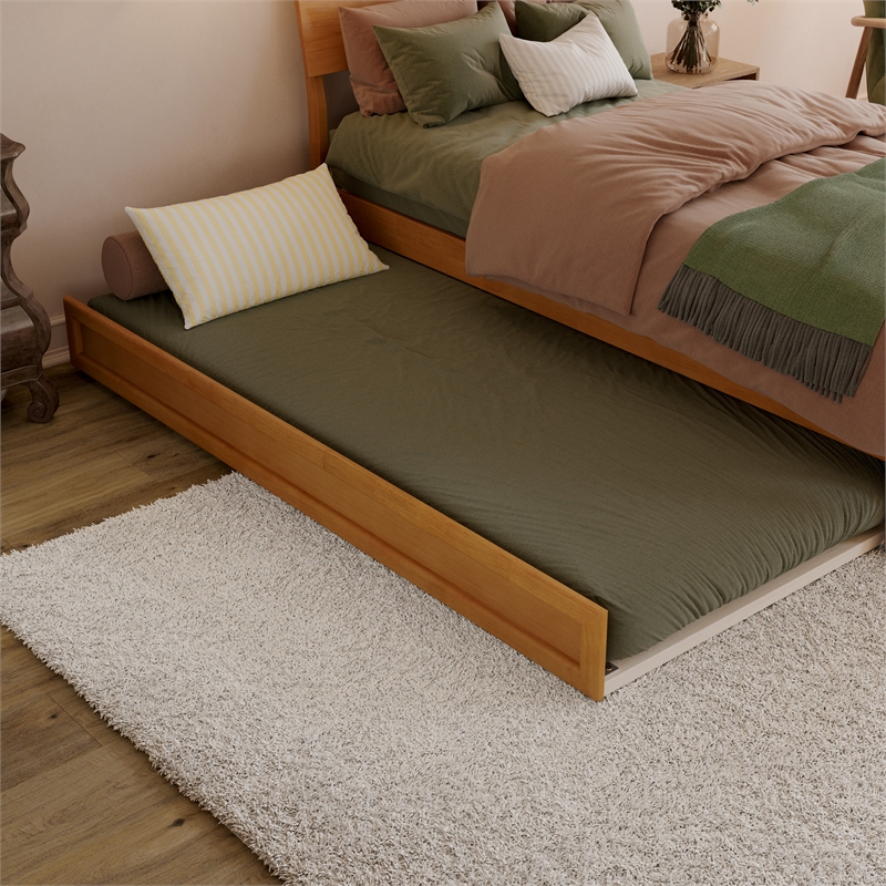 Norla Full Wood Platform Bed with Footboard and Twin Trundle in Light Toffee