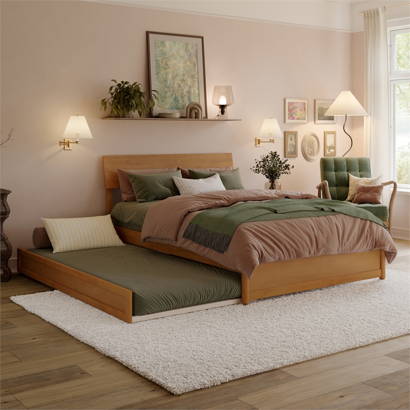 Norla Full Wood Platform Bed with Footboard and Twin Trundle in Light Toffee