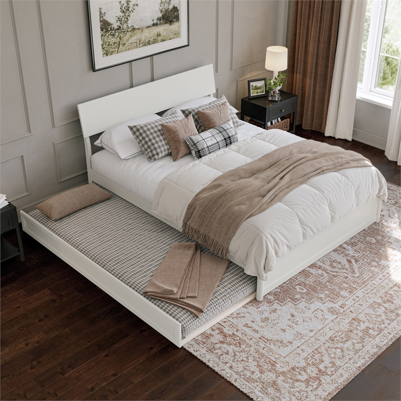Norla Queen Wood Platform Bed with Footboard and Twin XL Trundle in White