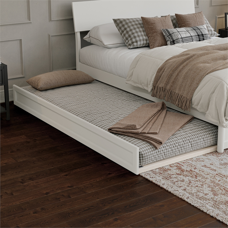 Norla Queen Wood Platform Bed with Footboard and Twin XL Trundle in White