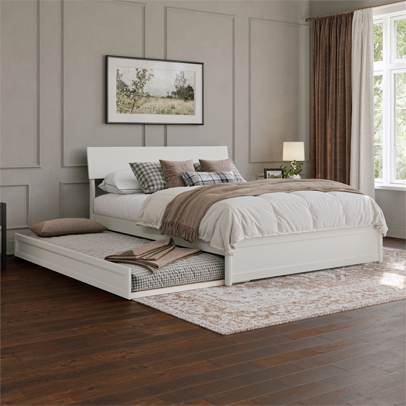 Norla Queen Wood Platform Bed with Footboard and Twin XL Trundle in White