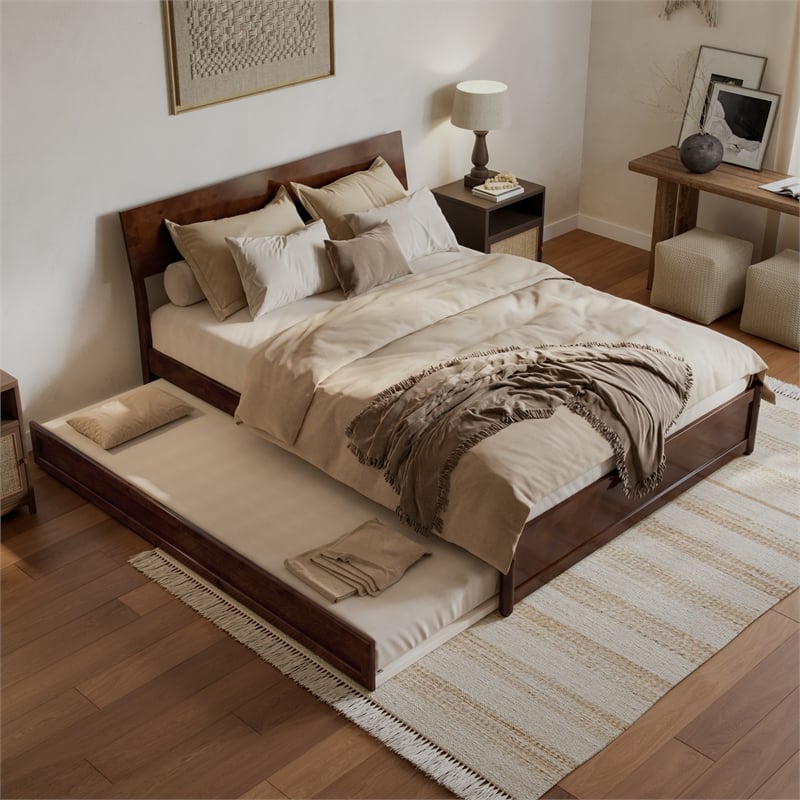 Norla Queen Wood Platform Bed with Footboard and Twin XL Trundle in Walnut