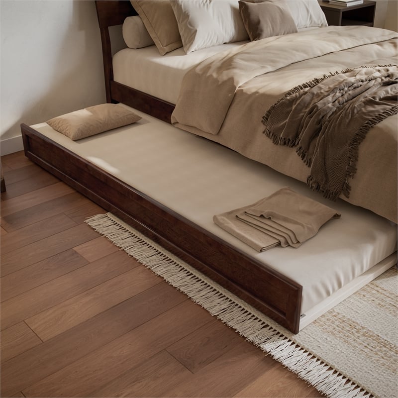 Norla Queen Wood Platform Bed with Footboard and Twin XL Trundle in Walnut