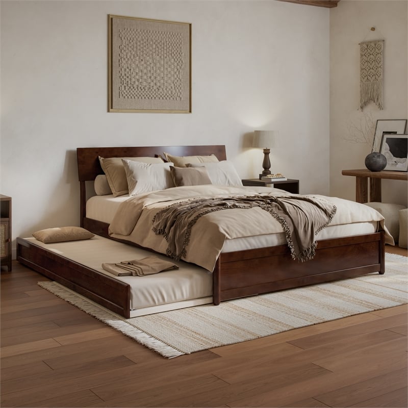 Norla Queen Wood Platform Bed with Footboard and Twin XL Trundle in Walnut
