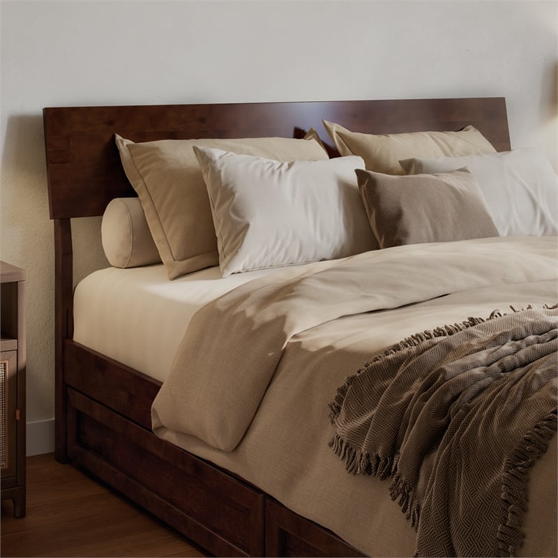 Norla Queen Wood Platform Bed with Footboard and Twin XL Trundle in Walnut