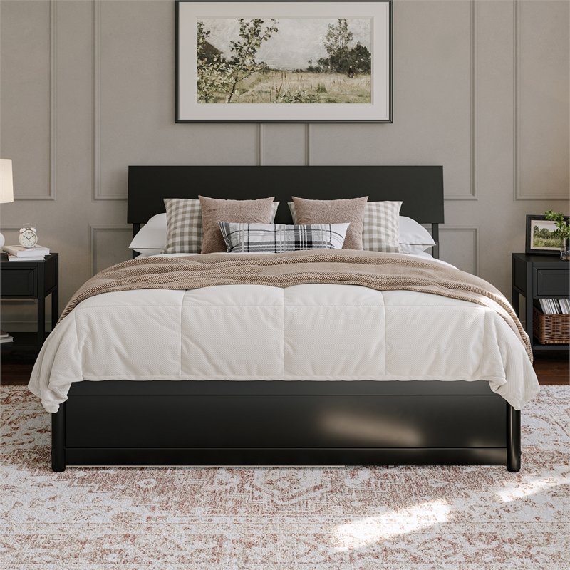 Norla Queen Wood Platform Bed with Footboard and Twin XL Trundle in Black