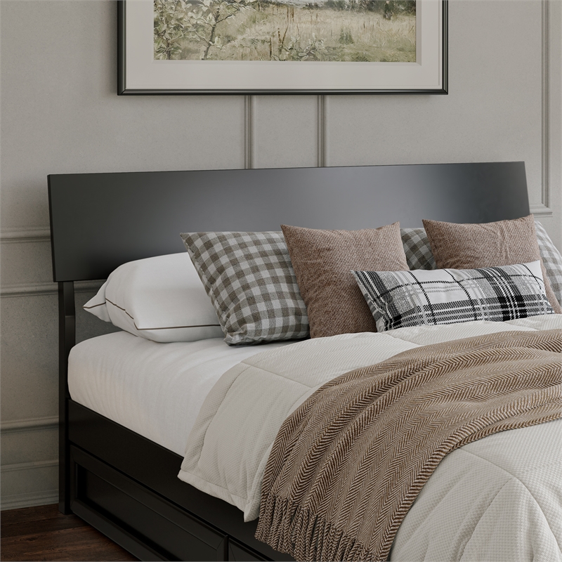 Norla Queen Wood Platform Bed with Footboard and Twin XL Trundle in Black