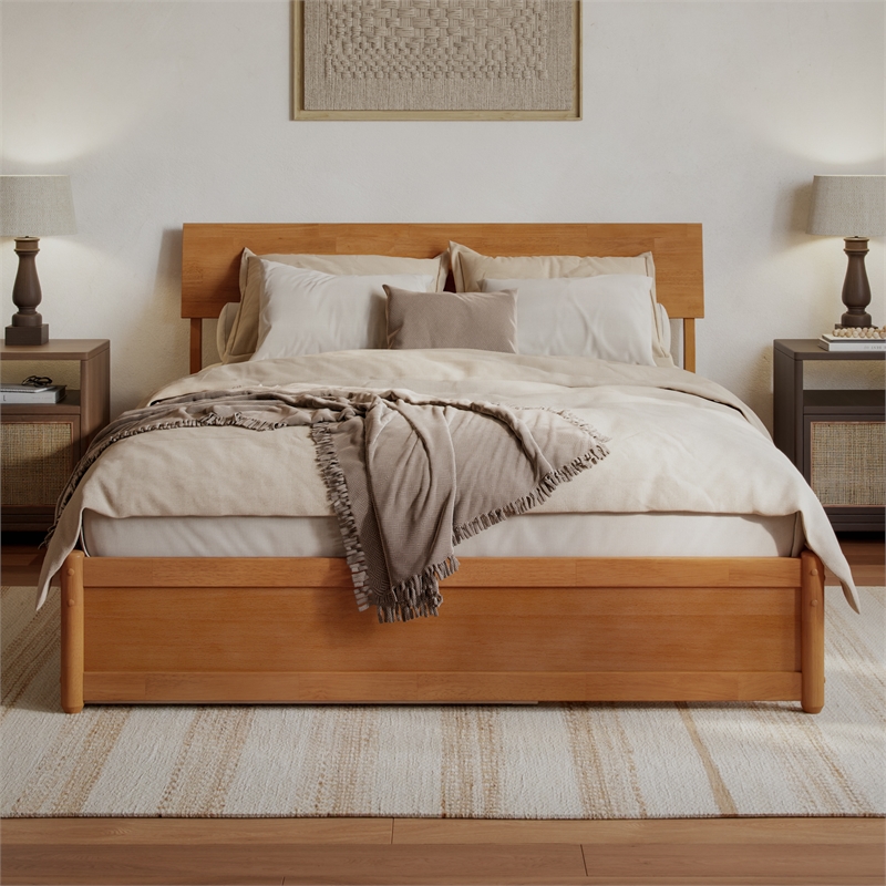Norla Queen Wood Platform Bed with Footboard and Twin XL Trundle in Light Toffee