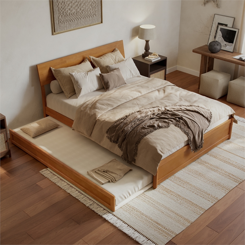Norla Queen Wood Platform Bed with Footboard and Twin XL Trundle in Light Toffee