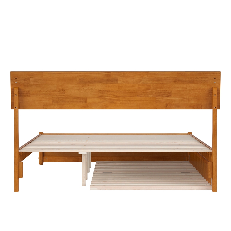 Norla Queen Wood Platform Bed with Footboard and Twin XL Trundle in Light Toffee