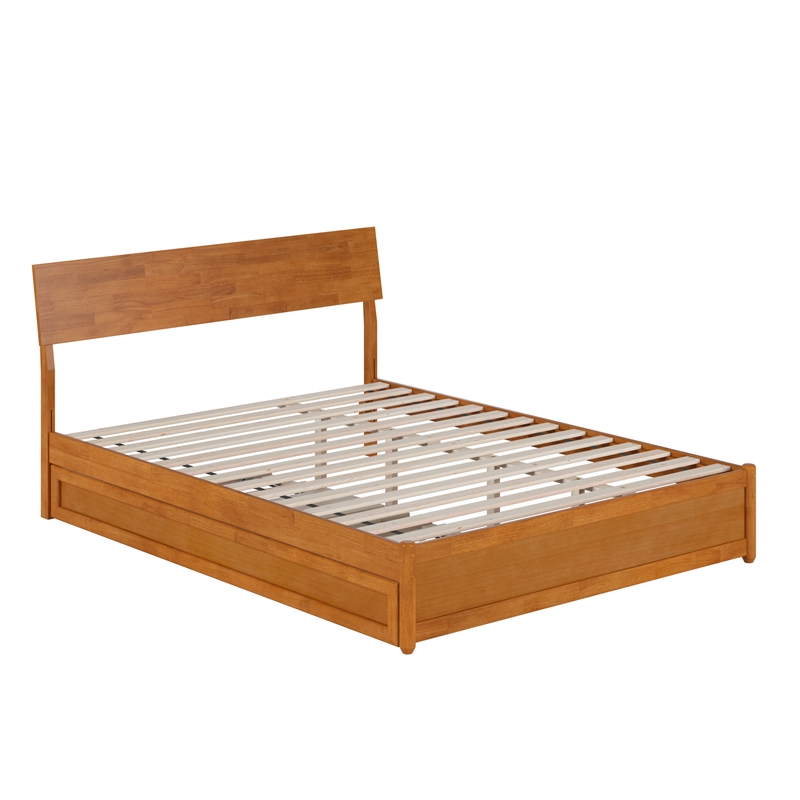 Norla Queen Wood Platform Bed with Footboard and Twin XL Trundle in Light Toffee