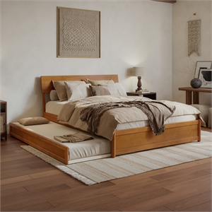 Norla Queen Wood Platform Bed with Footboard and Twin XL Trundle in Light Toffee