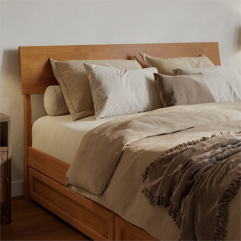 Norla Queen Wood Platform Bed with Footboard and Twin XL Trundle in Light Toffee