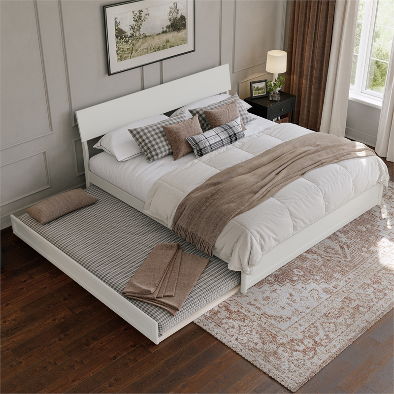 Norla King Wood Platform Bed with Footboard and Twin XL Trundle in White
