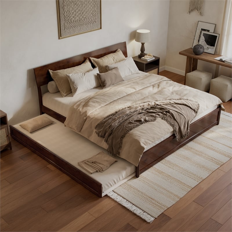 Norla King Wood Platform Bed with Footboard and Twin XL Trundle in Walnut
