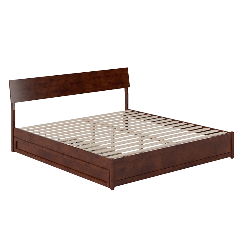 Norla King Wood Platform Bed with Footboard and Twin XL Trundle in Walnut