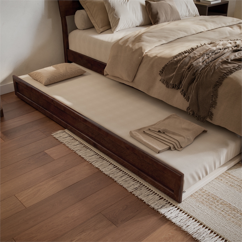 Norla King Wood Platform Bed with Footboard and Twin XL Trundle in Walnut