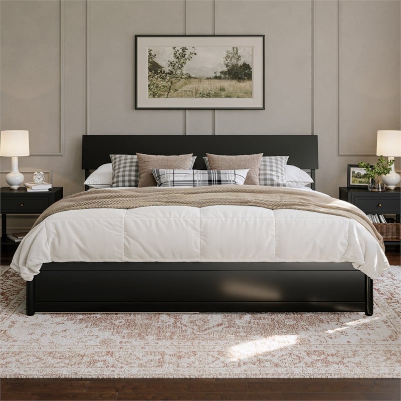 Norla King Wood Platform Bed with Footboard and Twin XL Trundle in Black