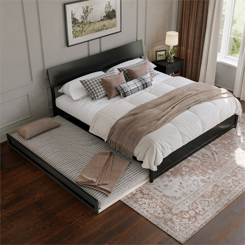Norla King Wood Platform Bed with Footboard and Twin XL Trundle in Black