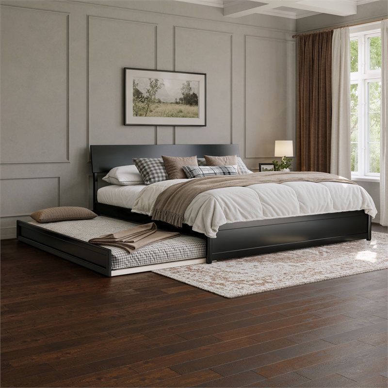 Norla King Wood Platform Bed with Footboard and Twin XL Trundle in Black
