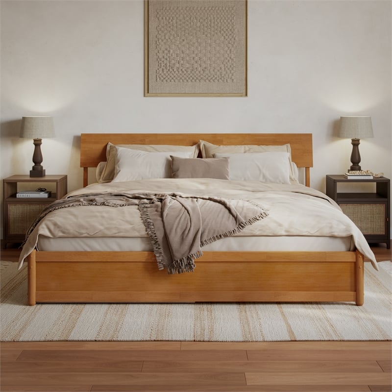 Norla King Platform Bed with Footboard and Twin XL Trundle in Light Toffee
