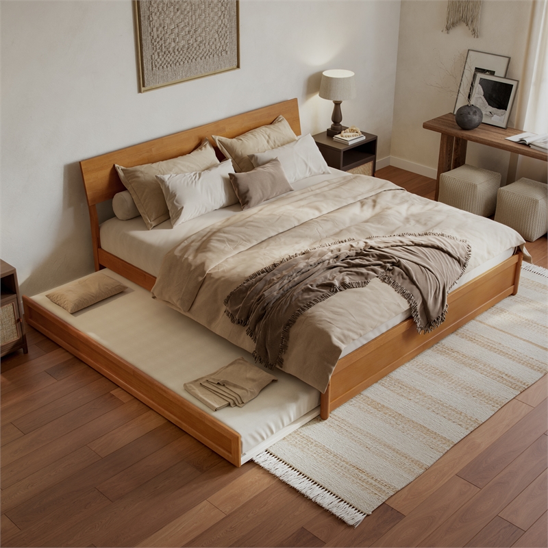Norla King Platform Bed with Footboard and Twin XL Trundle in Light Toffee